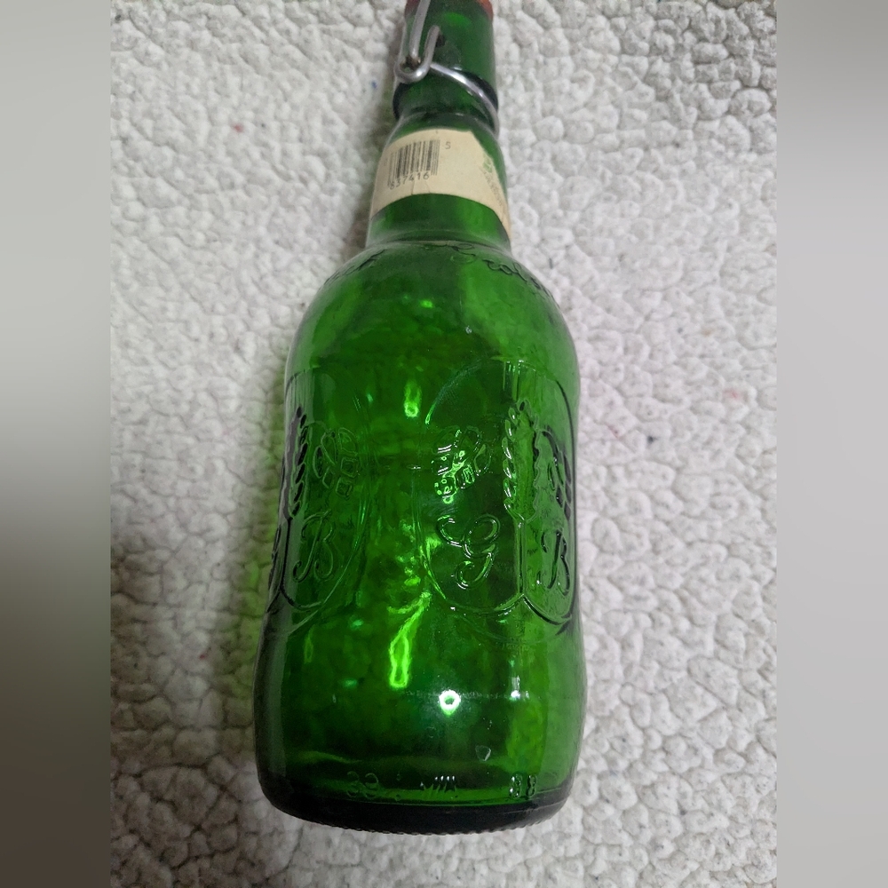 Grolsch Green Glass Embossed Beer Bottle GB Swing Top Empty Vtg